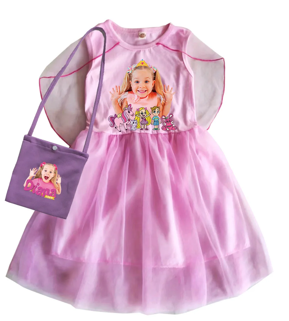 Diana and Roma Show Clothes Baby Girls short sleeve casual Dresses with Bag Kids Cartoon Wedding Party Princess Vestido