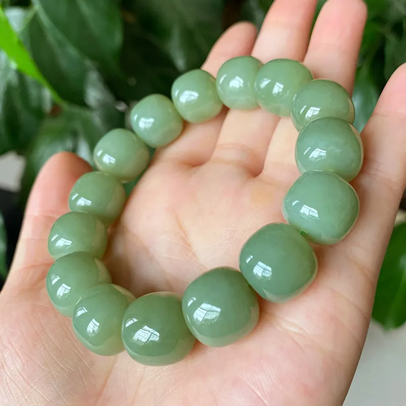Xinjiang Hetian jade lake water green old-fashioned beads 13x14mm bracelet men's natural jade bracelet beads string domineering