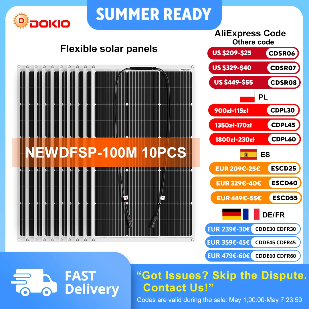 Panel solar flexible Dokio de 18V, 10 piezas, 100W, monocristalino, para coche/hogar, resistente al agua, carga de 12V, panel solar de 1000W