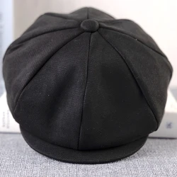 Solid Black Spring Autumn Winter Gatsby Cap Plaid Black Beret For Men Retro British Newsboy Cap Woman Octagonal Hats B-1