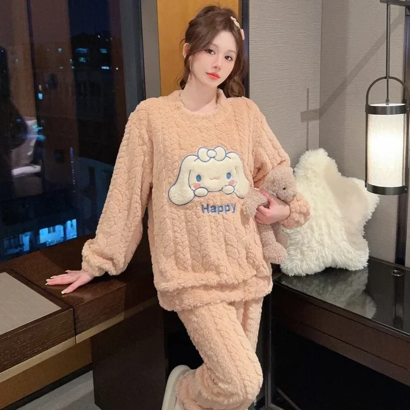 Sanrio Cinnamoroll รอบคอผู้หญิงชุดนอนฤดูใบไม้ร่วงฤดูหนาวหนา WARM Homewear น่ารักหลวมแขนยาวกางเกง 2 ชิ้นชุด