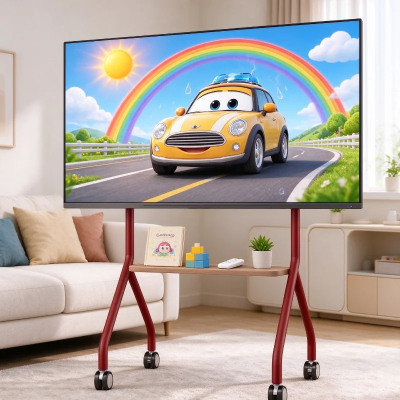 Scandinavian Minimalist TV Cart Rolling Floor Stand with Wood Shelf Locking Wheels Height Adjustable for Home Theater Setup