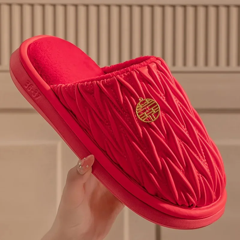 ZUOFU Unisex Red Wedding Couple Plush Cotton Slippers, Autumn Winter Warm Soft Sole Non Slip Indoor Home Closed Toe Shoes - view 3
