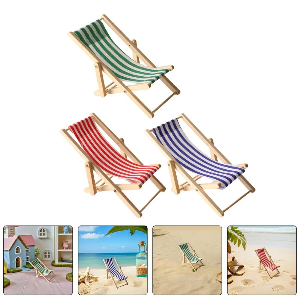 

3Pcs Mini Beach Chairs for Dollhouse Realistic Seaside Decor Foldable Lightweight Wooden Furniture Craft Display