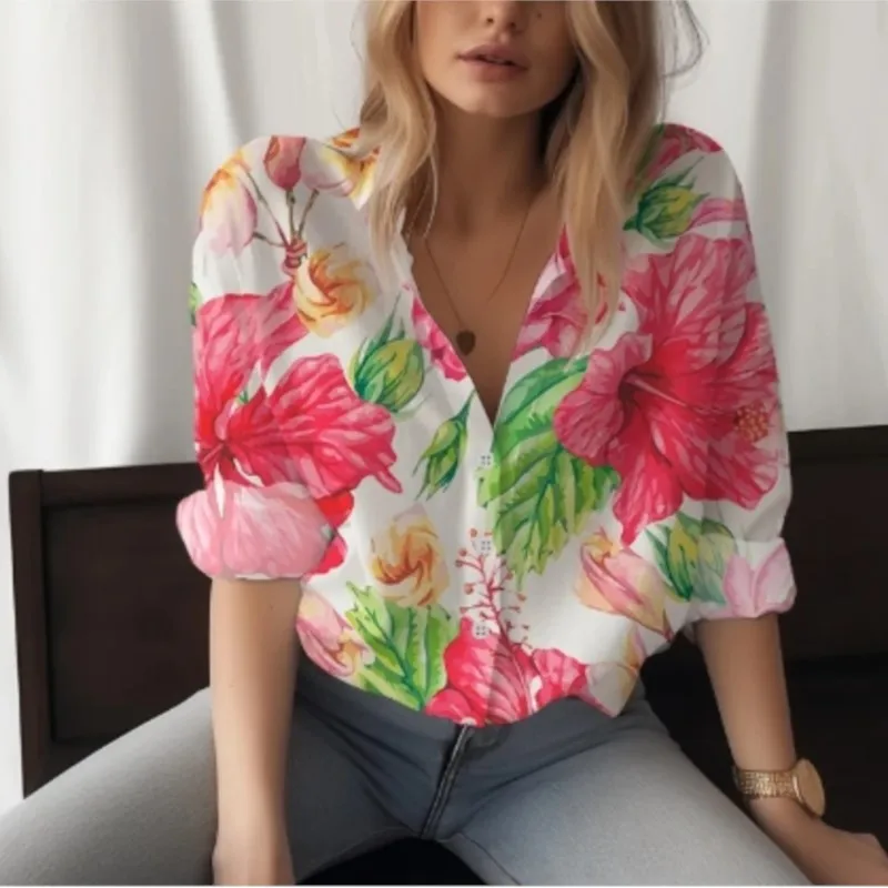 New long sleeved shirt with women\'s lapel buttons and floral print pattern fashionable street style shirt comfortable women\'stop