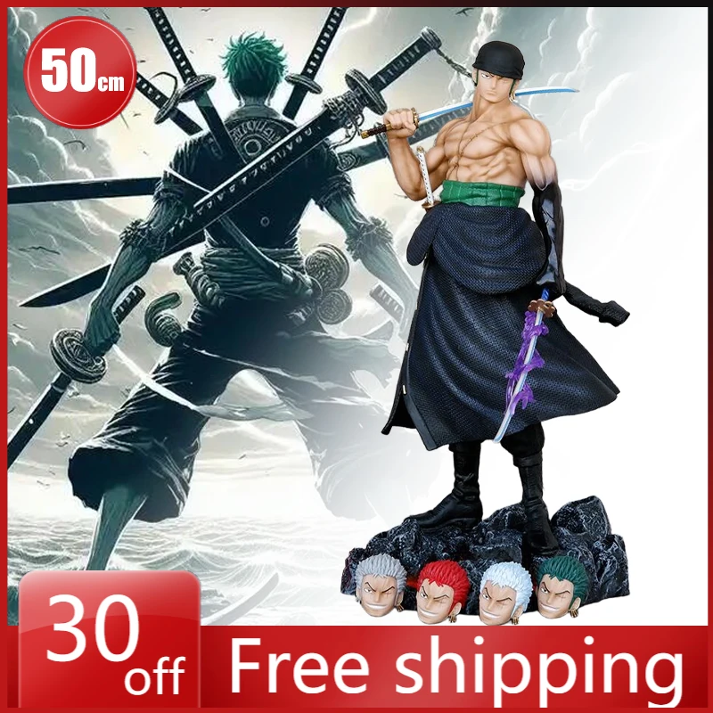 

50cm One Piece Figure Roronoa Zoro Standing Posture Carry A Knife Five-head Replaceable Model Anime Action Collection Series Toy