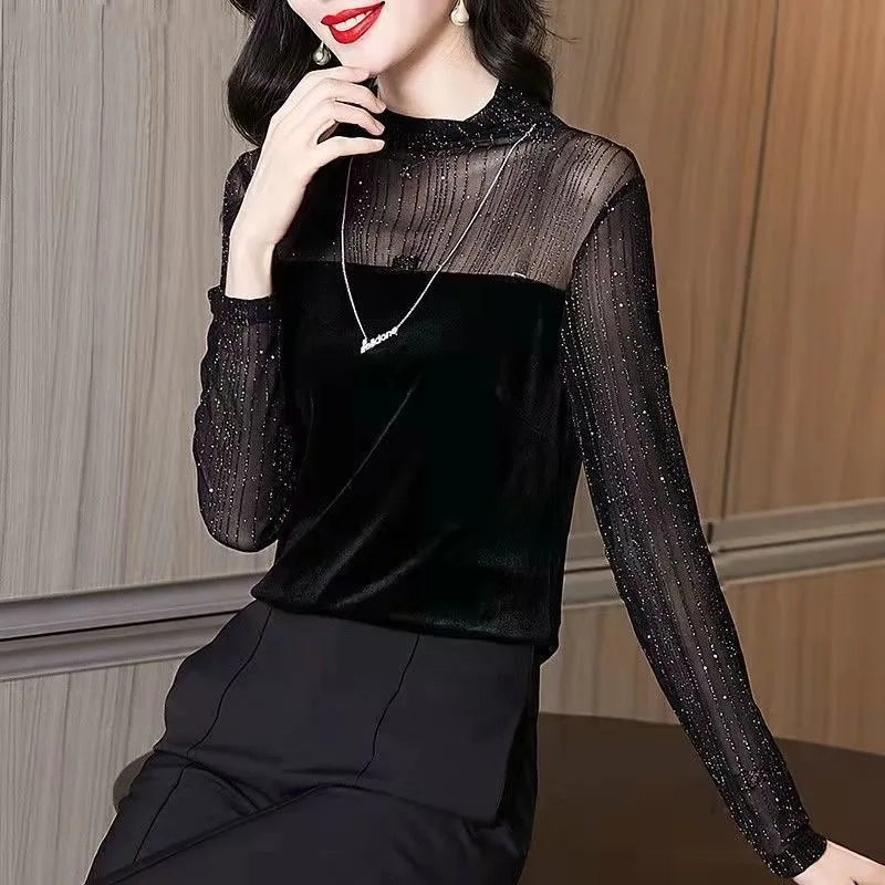 Fashion Patchwork Lace Women Tops Autumn Bright High Collar Transparent Long Sleeve Skinny T Shirt Tops Elegant Elastic T-Shirts
