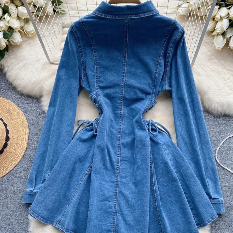 OCEANLOVE Denim Dresses for Women Solid Bandage Spring Autumn Sweet Vestidos Mujer Korean Fashion Buttons Chic Sexy Mini Dress