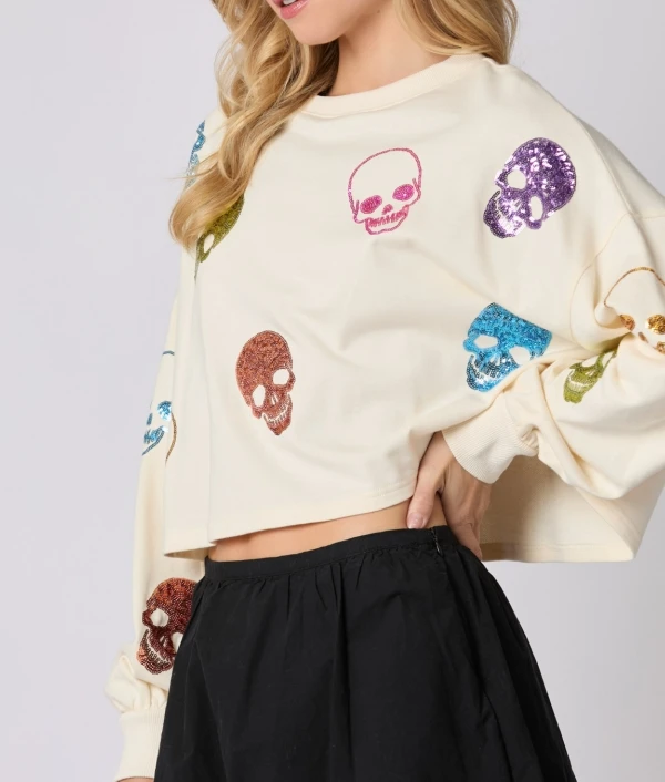 

Hot Selling Women's 2024 Fashion Halloween Sports Skeleton Sequin Loose Casual Long Sleeved Pullover