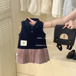 Girls' Summer College Style Tank Top Dress 2025 New Product Children's Polo Collar Splicing Grid pleated Princess Skirt