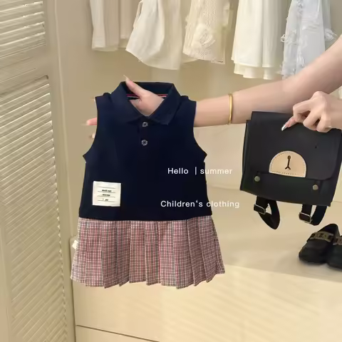 Girls' Summer College Style Tank Top Dress 2025 New Product Children's Polo Collar Splicing Grid pleated Princess Skirt