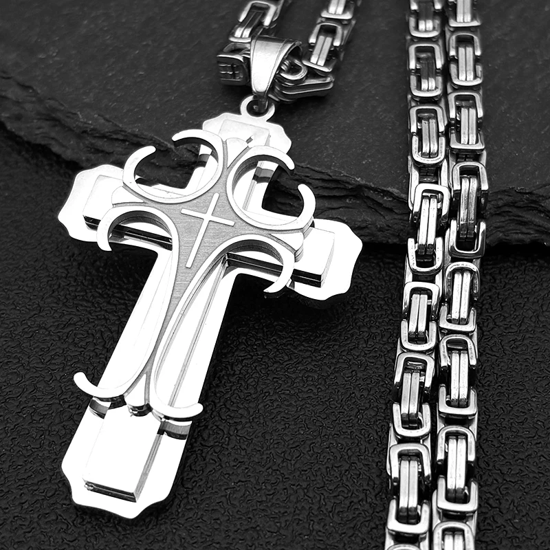 Colar com pingente de cruz cristã multicamadas, para homens, hip hop, aço inoxidável, cor dourada, corrente bizantina, joias, presentes
