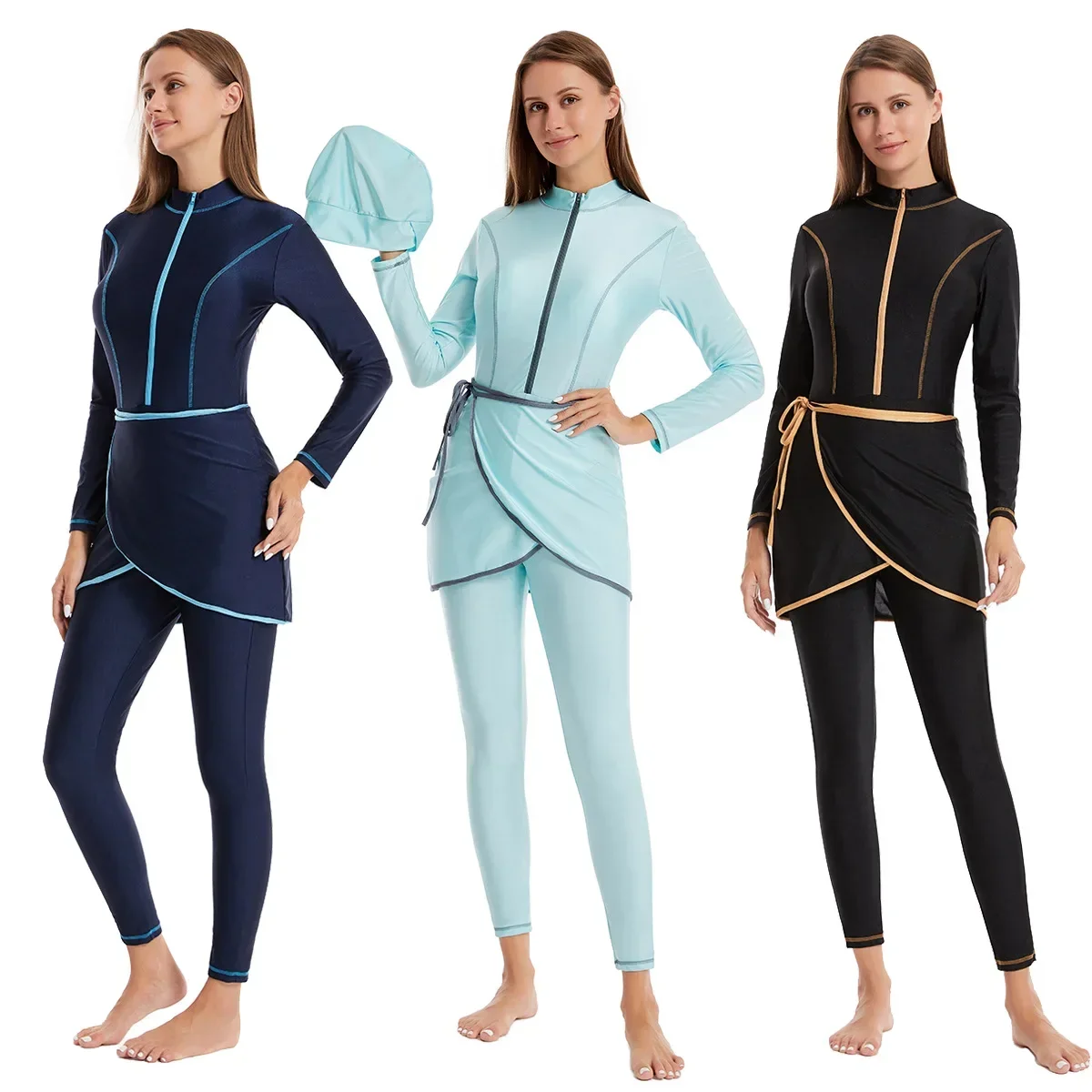 3 Pcs Swimming Sets Women Muslim Swimwears Front Zipper Full Cover Beach Swimsuit Muslim Swim Pants Set Islamic Modest Burkini