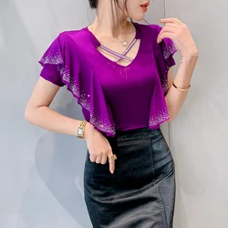 Summer Ruffles Mesh T Shirts Women's Short Sleeve Fake Diamonds Crossed V Neck T-shirts Female Elegant Tops Tees BH6038