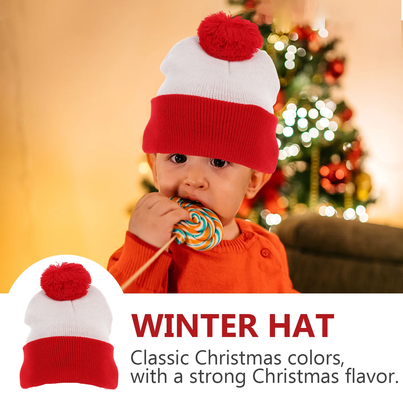 

Red White Two Tone Knitted Winter Beanie Hat Warm Wool Cap For Adults Lightweight Portable Christmas Color