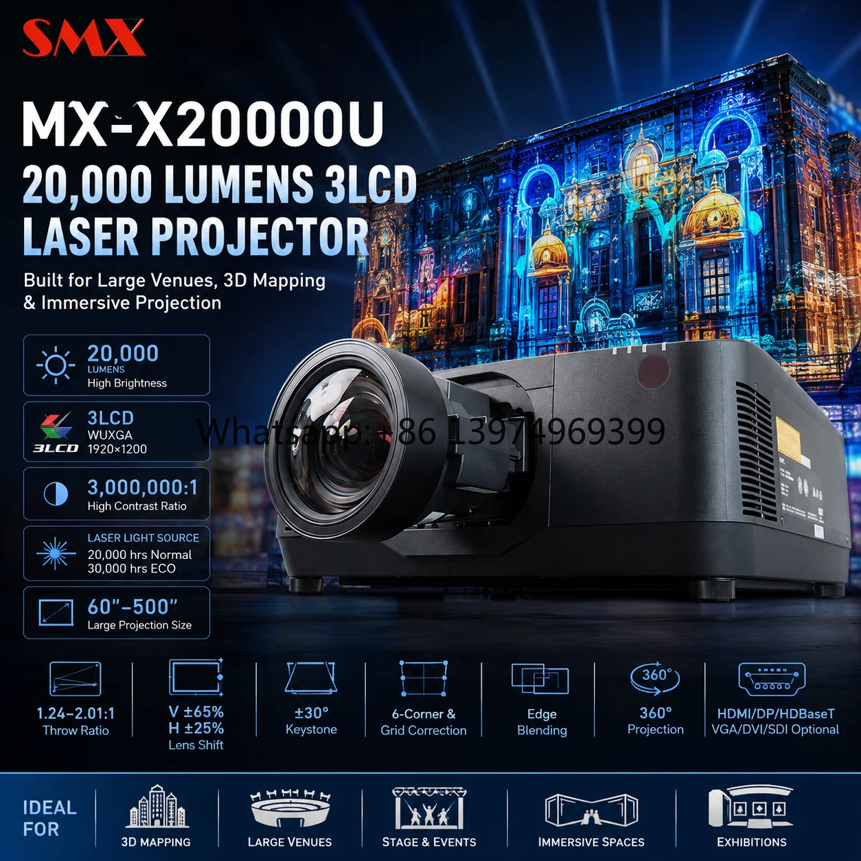 20000 Lumens 3LCD Laser Projector with Interchangeable Lens for 3D Mapping and Large Screen Projection