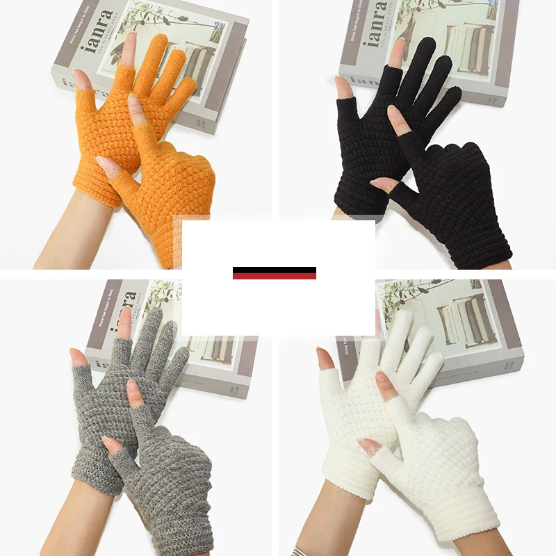 Two-Finger Gloves for Men and Women, Winter Touchscreen-Compatible, Warm, Fleece-Lined, Thick Knitted Wool, Half-Finger Gloves for Writing and Using Mobile Phones, for Students