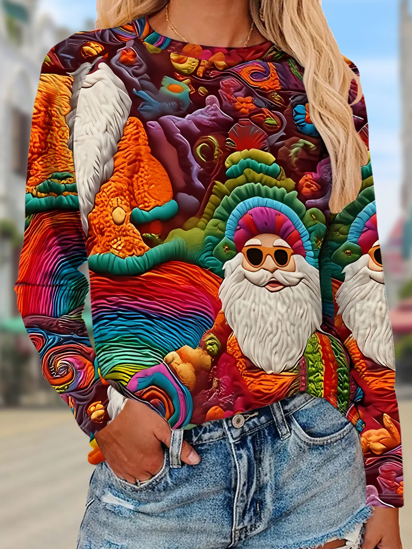 New Women Round Neck Long Sleeve T-shirt Colorful Santa Claus Street Print Casual Top Spring Autumn Ladies Daily Wear