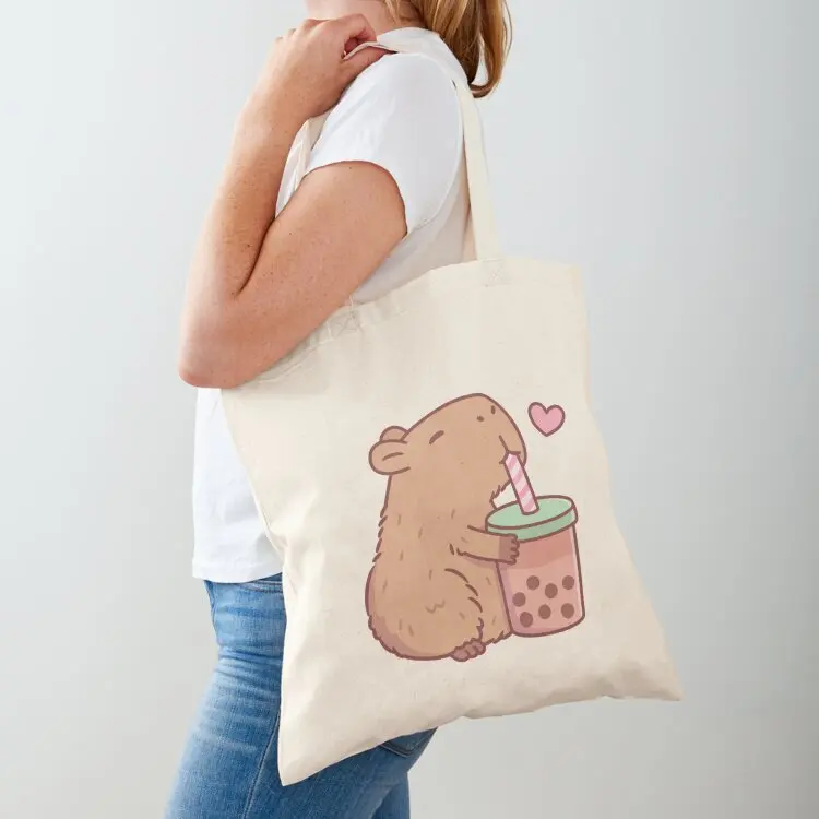 

Cute Capybara Loves Bubble Tea Tote Bag Shopper handbag Portable shopping bag canvas shopping bag Large bags for women