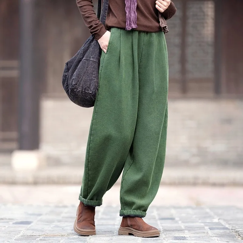 Johnature Women Vintage Warm Bloomers Pants Solid Color Linen Winter Elastic Waist Trouser 2024 New Plus Fleece Women Long Pants