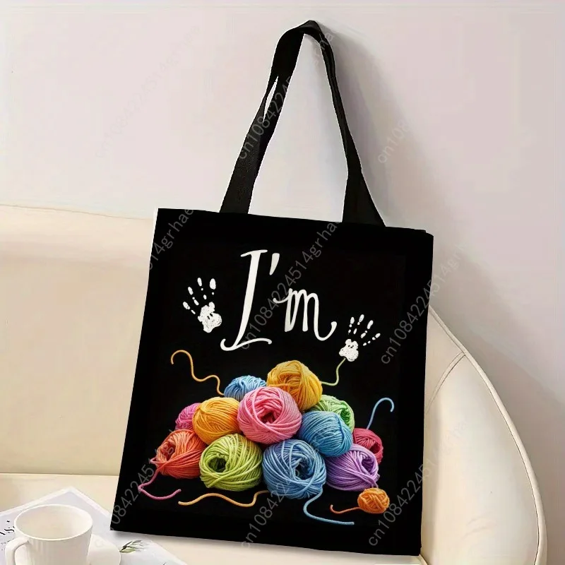 Tas Rajut Wanita Desain Cetak 2D dengan Bola Benang, Jarum & Peralatan, Tas Bahu Kasual Poliester Tahan Lama