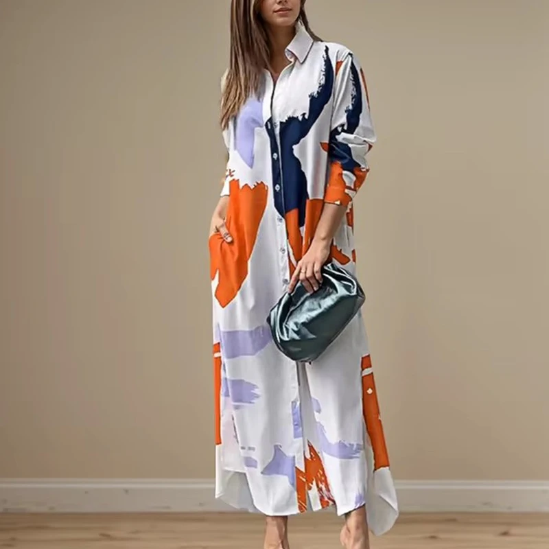 Moda Seksowna koszula z rozcięciem z boku i kołnierzykiem Długa sukienka Elegancka sukienka z długim rękawem i kieszenią z temperamentem