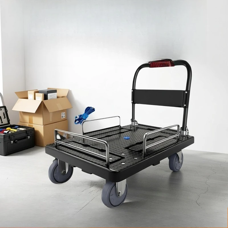 Four-wheeled flat truck with guardrail Handling trolley Folding fence trolley Pull goods to pick up express Silent trolley