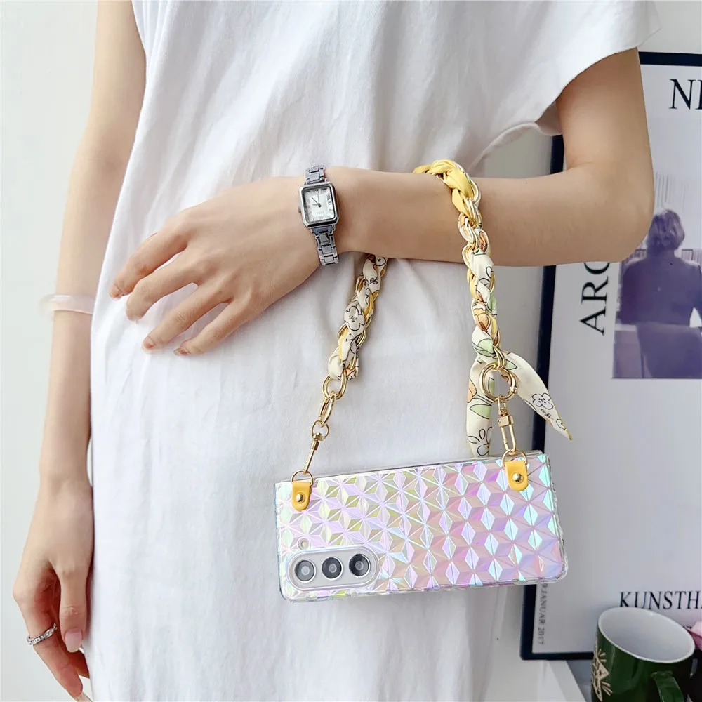 Luxury laser Diamond Patterned Silk Scarf Bracelet Transparent PC Case For Samsung Galaxy Z Fold6 Case Z Fold5 Z Fold4 Z Fold7 3
