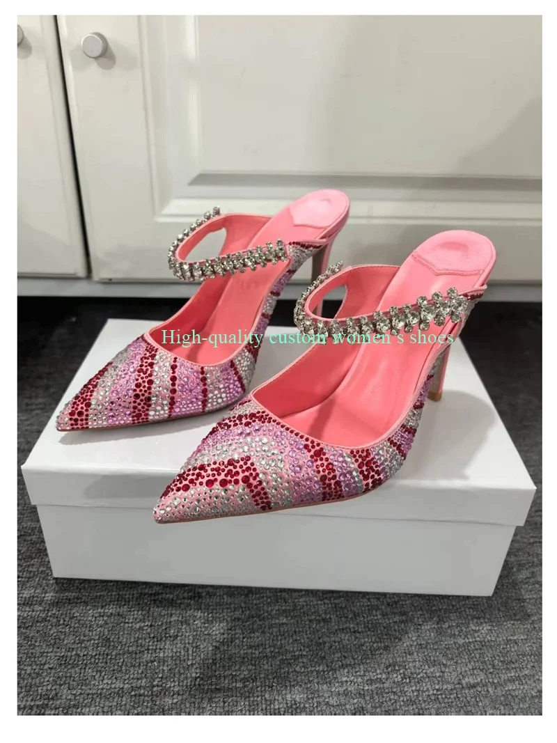 Pointed Green And Red Color-Blocked Full of Rhinestone Decorations Women's High Heels Metal Decorated Low-cut Luxury Sandals