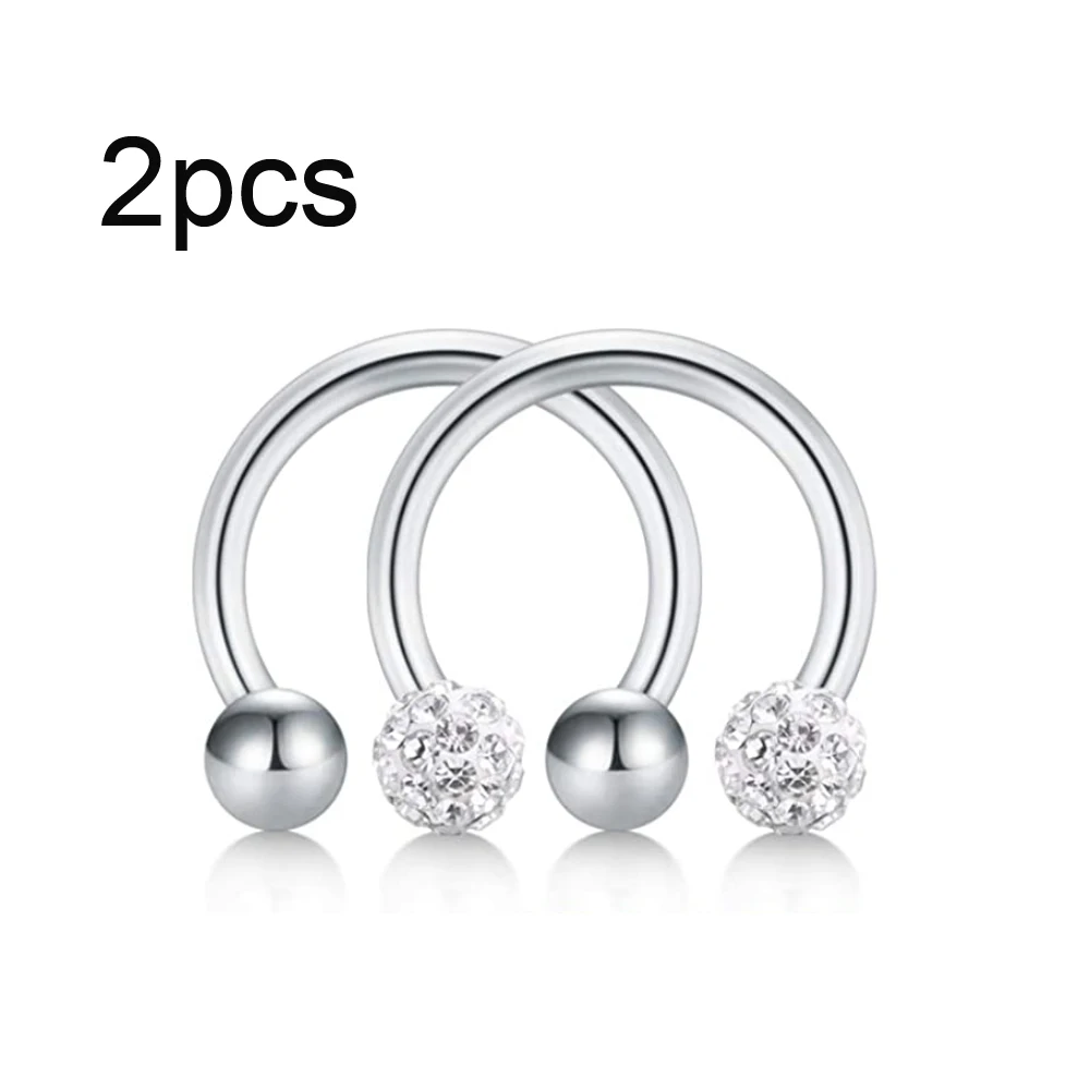 WKOUD 2pcs Crystal & Ball Nose Septum Horseshoe Earring Eyebrow Lip Helix Tragus Cartilage Piercing Ring 8mm