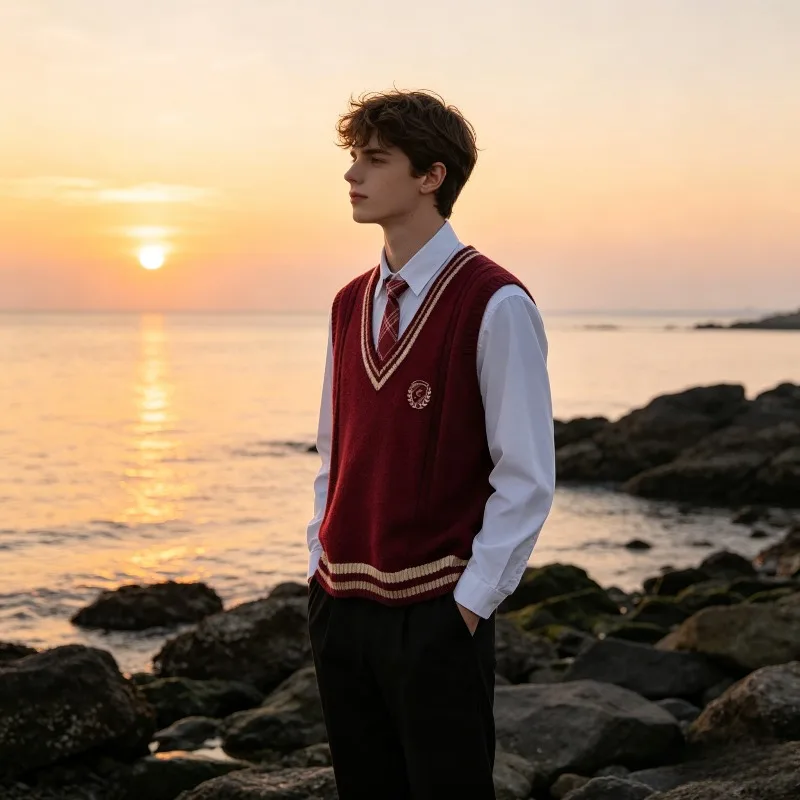 British College Style Sleeveless V-neck Knitted Vest School Uniform for Boys, White Shirt, Checkered Trousers, Student Uniform