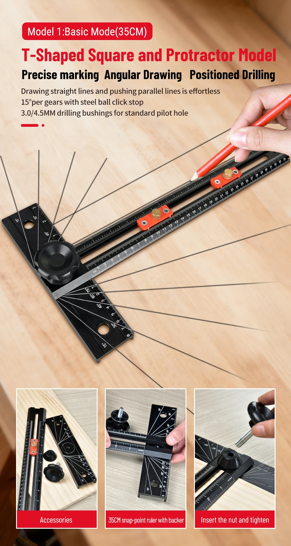 Holzbearbeitungs-T-Winkellineal mit automatischer Klemmung, Positionierlineal, Bohrlochmarkierungslehre, Winkellineal, T-förmiges Lineal für Schreiner – Detail 7