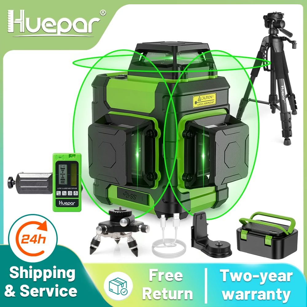 Huepar 3x360 °   Laser Level Green Beam 12-Linien Selbstnivellierende Kreuzlinienlaser-Nivellierwerkzeuge mit Pulsmodus und Hartschalenkoffer