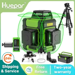 Huepar-Nivel láser, herramienta de nivelación de 3x360 °, haz verde, 12 líneas, nivelado automático, cruce de rayos, con modo de pulso y estuche rígido de transporte