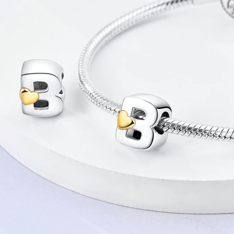 New 925 Sterling Silver Cute Gold Lucky Heart 26 Letter Series Charms Beads Fit Pan Original Bracelets DIY Gifts Fine  Jewelry image 3