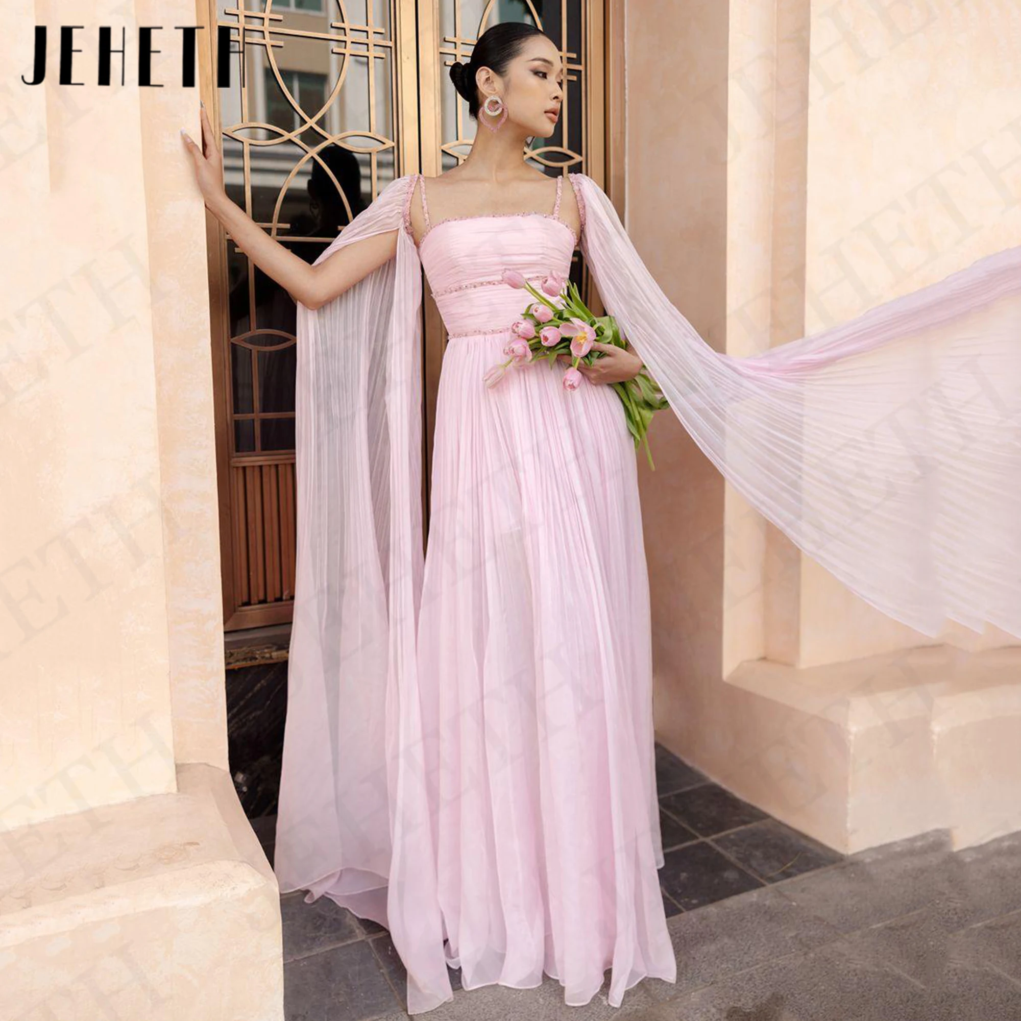 JEHETH Cape Sleeves Saudi Arabia Evening Dress Charming Chiffon A Line Pink Formal Occasion Dresses Dubai vestidos de fiesta