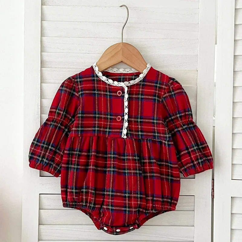 Christmas New Infant Baby Girl Bodysuits Long Sleeved Cotton Red Grid Newborn Baby Girl Jumpsuit New Year Party Children Clothes