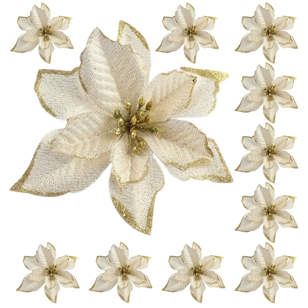 

12Pcs Xmas Poinsettia Flowers Artificial Christmas Decorations Glitter Faux Flowers for Tree Mantle Vase Fake Christmas Flower