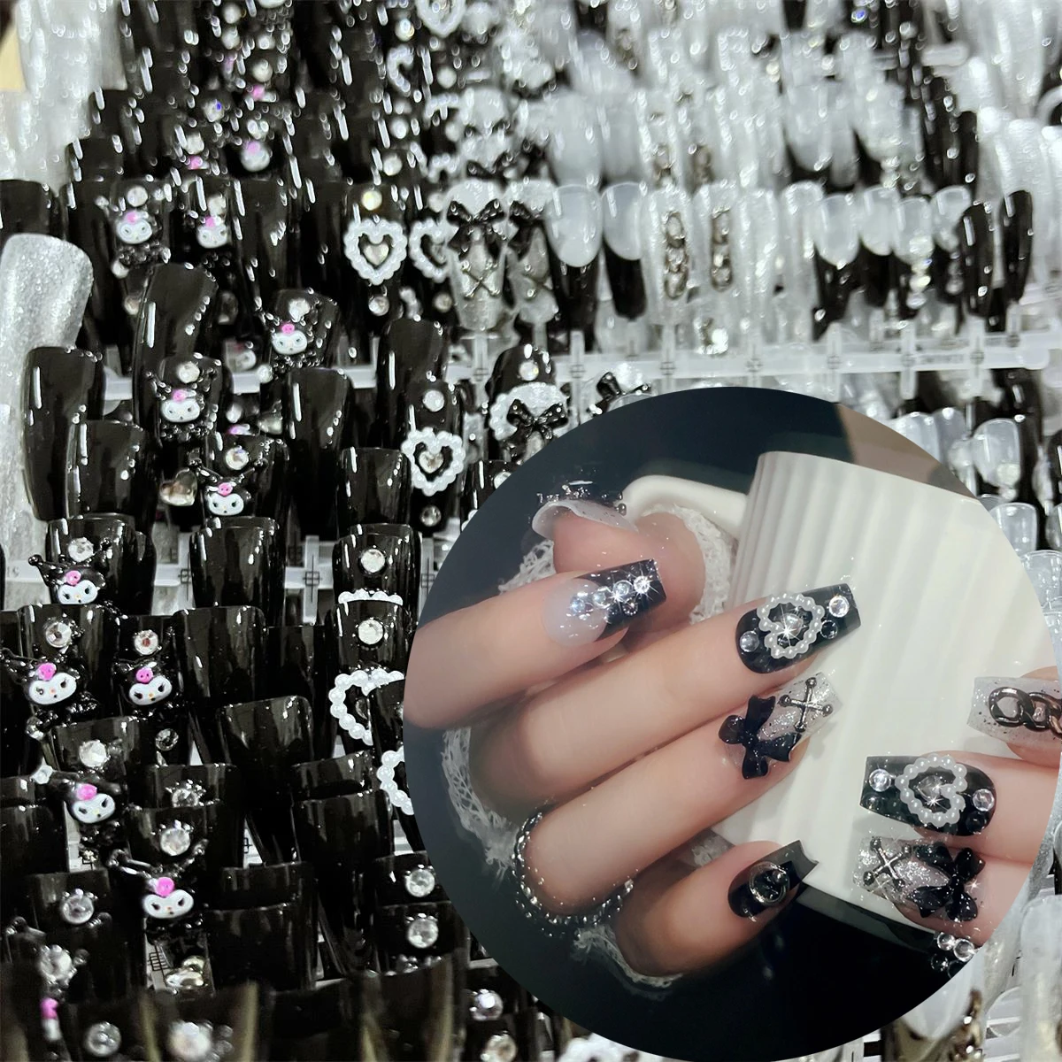 

24Pcs Handmade Y2K Cartoon Kuromi Bow Fake Nail Tips Black Glossy Long Coffin Press on Nails Kawaii False Nails with Jelly Glue*