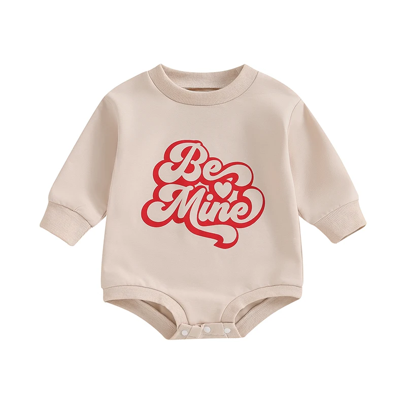 Baby Girls Valentine's Day Outfits Long Sleeve Be Mine Letter Print Casual Sweatshirt Romper Cute Baby Spring Fall Bodysuits