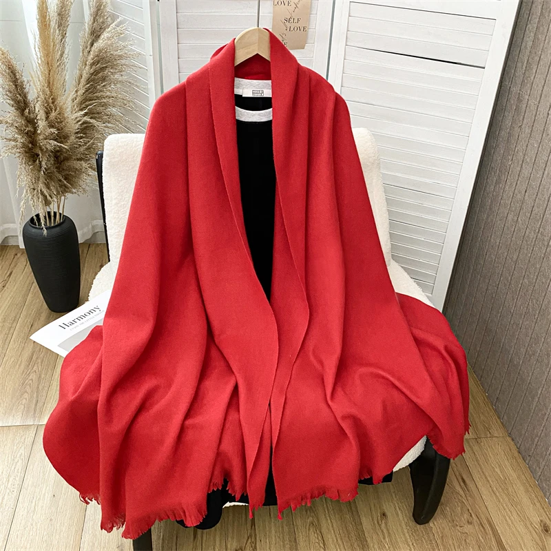 여성용 겨울 스카프 캐시미어 따뜻한 솔리드 파시미나 블랭킷 랩 여성용 두꺼운 부드러운 부판다 태슬 숄 랩 폰초 에샤르프