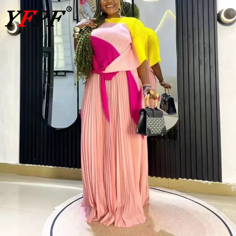 

YFPF Miyake плиссированный женский комплект из двух предметов 2025 контрастного цвета асимметричный дизайн топы + длинные юбки A Ling элегантная новая одежда