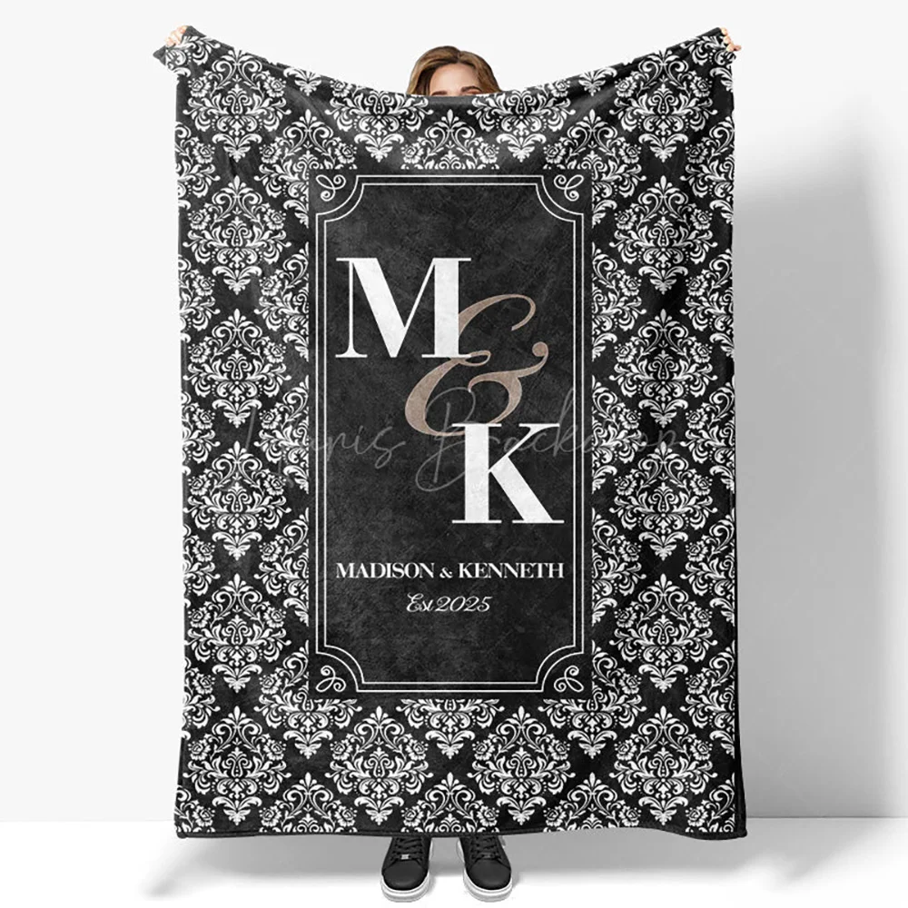Black White Retro Pattern Custom Couple Name 50x60in Blanket, Personalized Gift for Wedding Anniversary