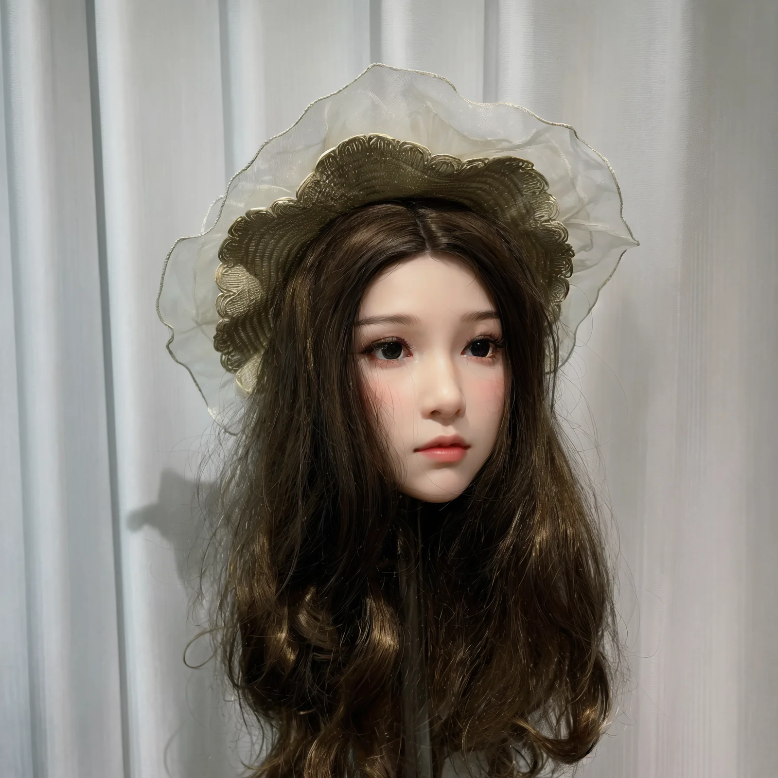 Female makeup mannequin head, headdress, hat, earrings show professional makeup head shape, including matching wig, eyes - synth