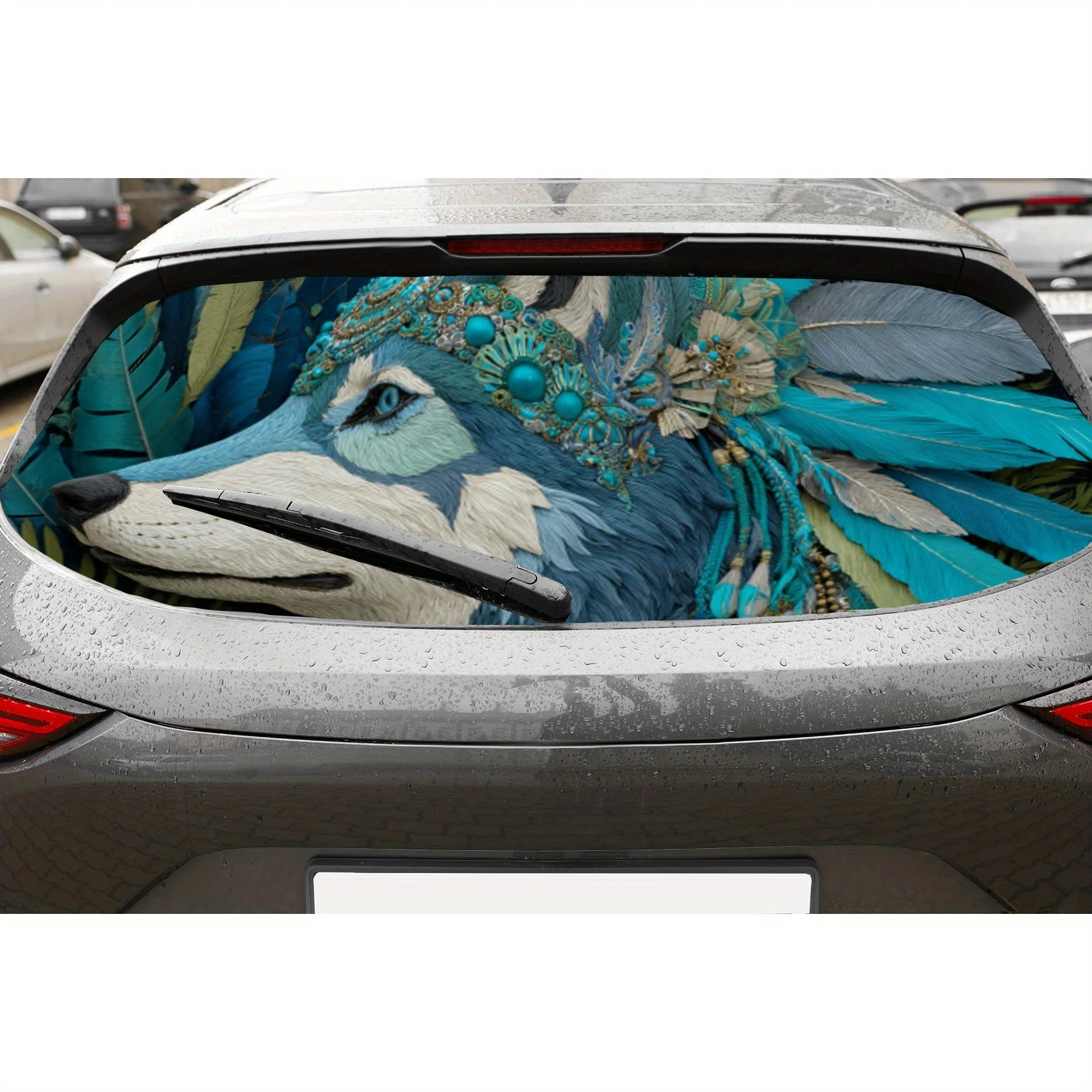 

Ethnic style Totem Wolf Pattern PVC Perforated Car Vinyl Wraps, Durable Car Rear Windshield Sticker, Waterproof Car Rear Window