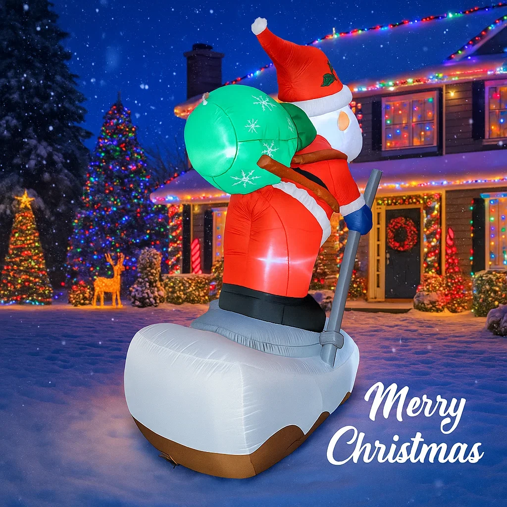 5.91FT Inflatable Toy Santa Snowboard with LED Light Christmas Decorations for Yard Xmas Supplies Home Ornaments Festive Gift