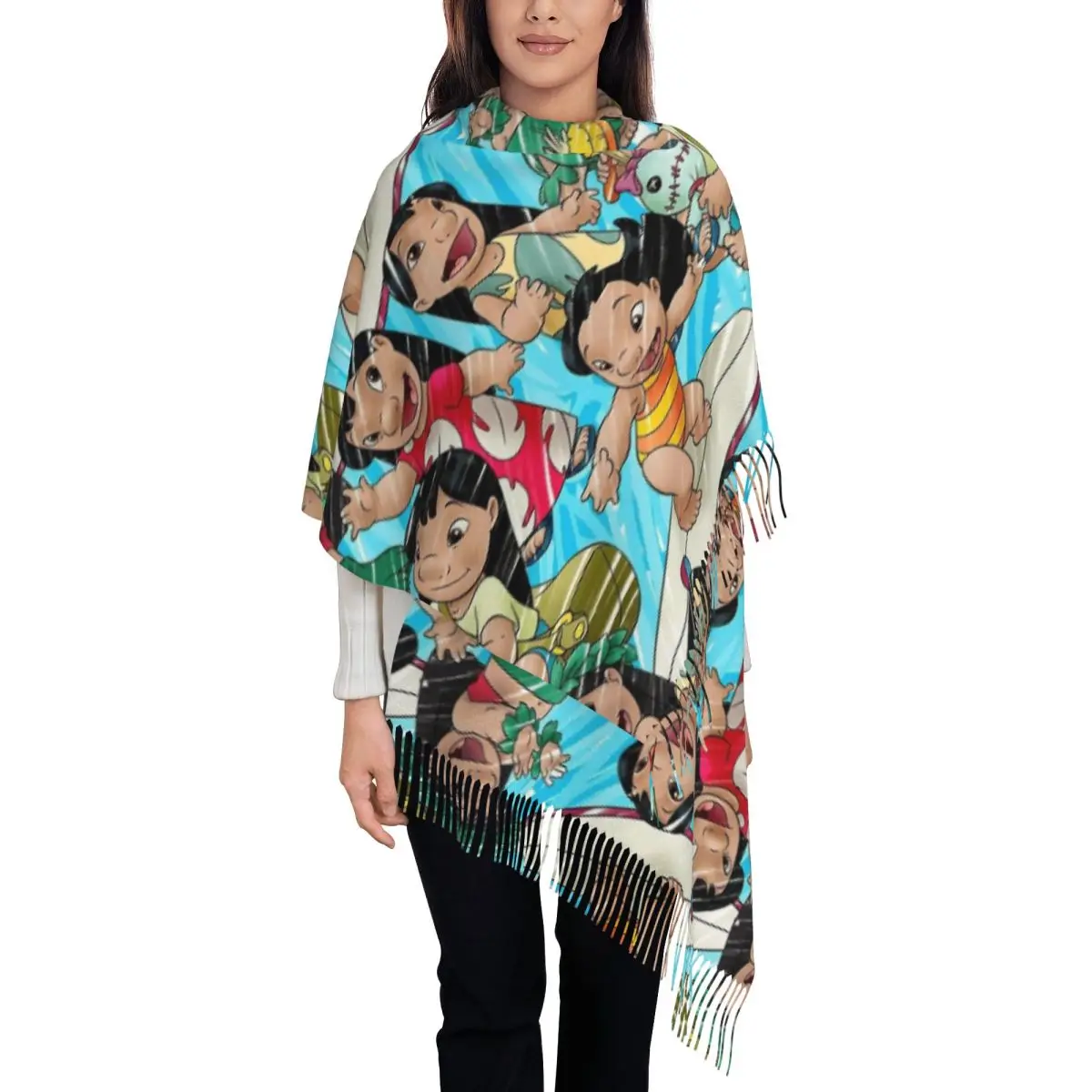 

Hawaii Surfing Lilo Girl And Scrump Scarf for Women Fall Winter Cashmere Shawl Wrap Large Scarves with Tassel for Daily Wear