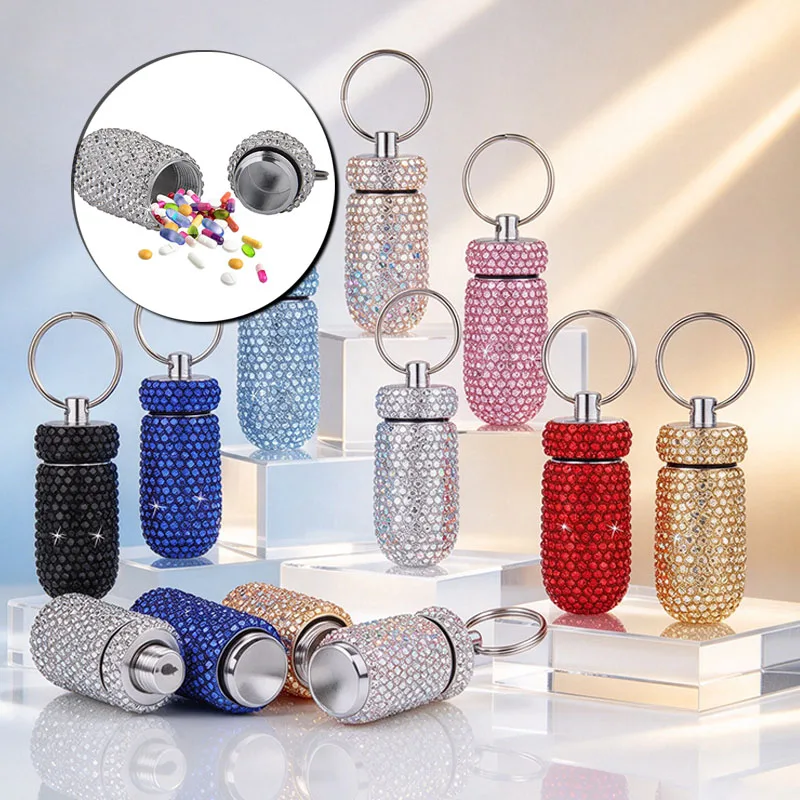 5/10pcs Empty Mini Metal Bling Diamond Medicine Pill Bottle Storage Organizer With Keyring Portable Portable Travel Container