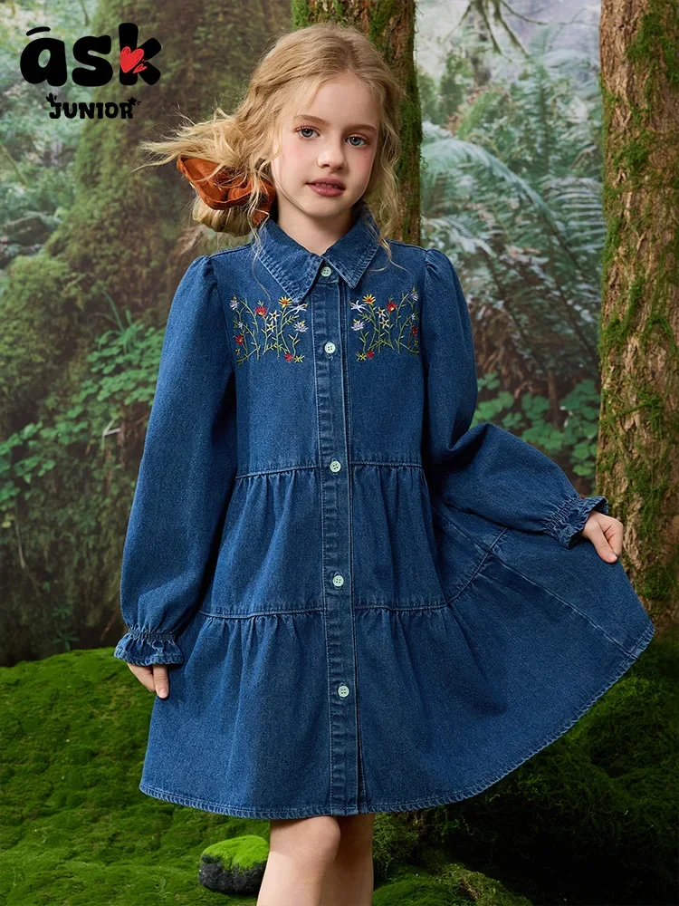 فستان صيفي ASK Junior Tween Girl مطرز بالزهور وأكمام طويلة وصدر واحد كاجوال من قماش الدنيم