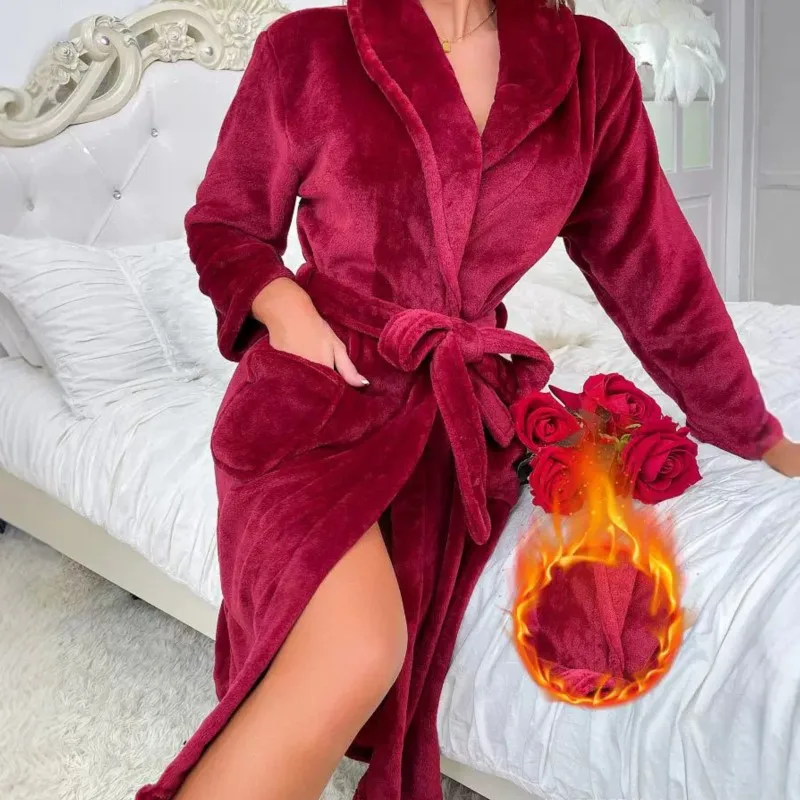 

Длинный халат из кораллового флиса, кимоно, зимняя теплая фланелевая ночная рубашка, халат, повседневная одежда для сна, интимное белье, утепленная домашняя одежда
